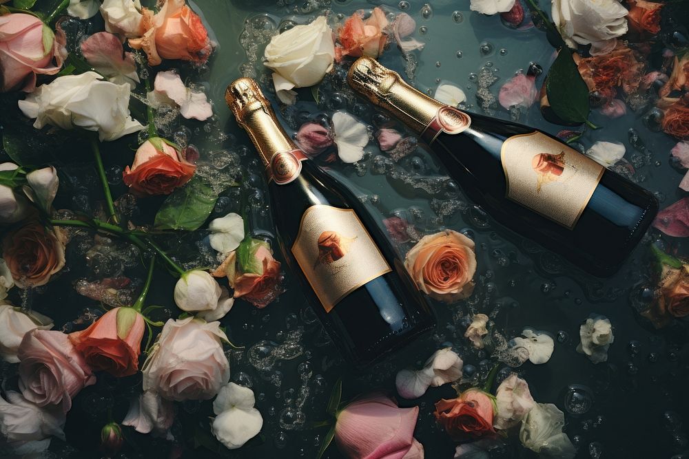 Champagne bottles flower nature drink. AI generated Image by rawpixel.