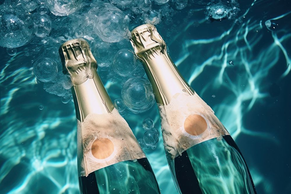 Champagne bottles refreshment underwater swimming. AI generated Image by rawpixel.
