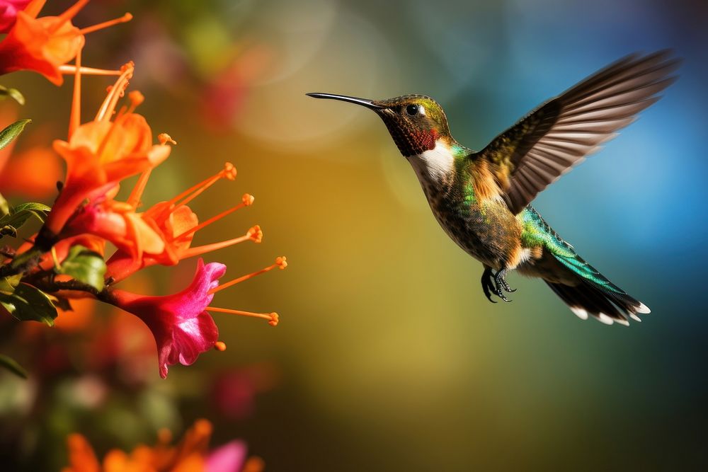 Hummingbird flying with colorful flower animal beak fragility. AI generated Image by rawpixel.