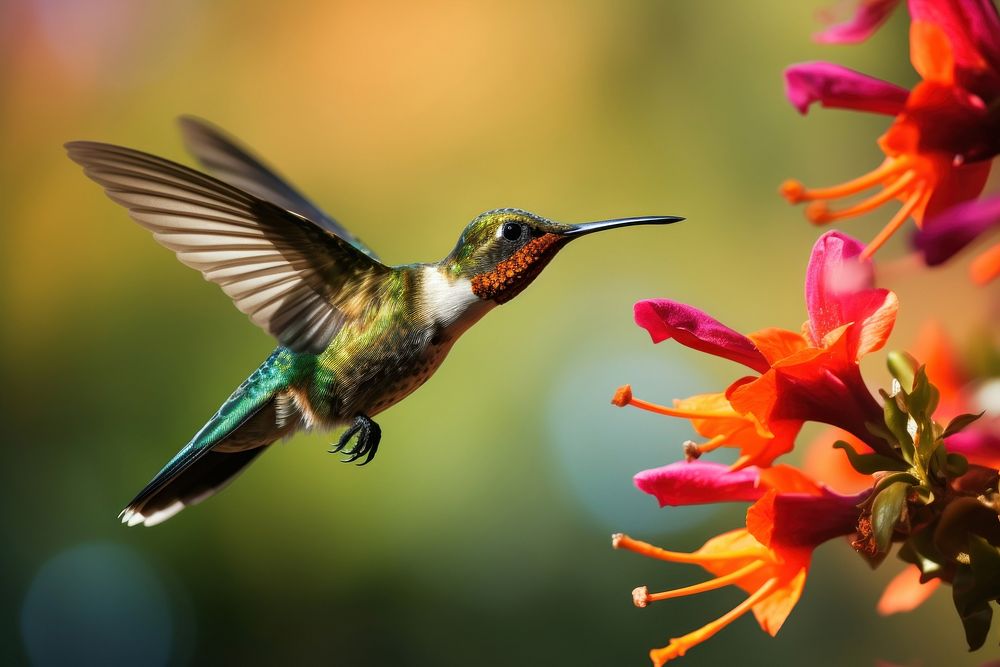 Hummingbird flying with colorful flower animal beak pollination. AI generated Image by rawpixel.