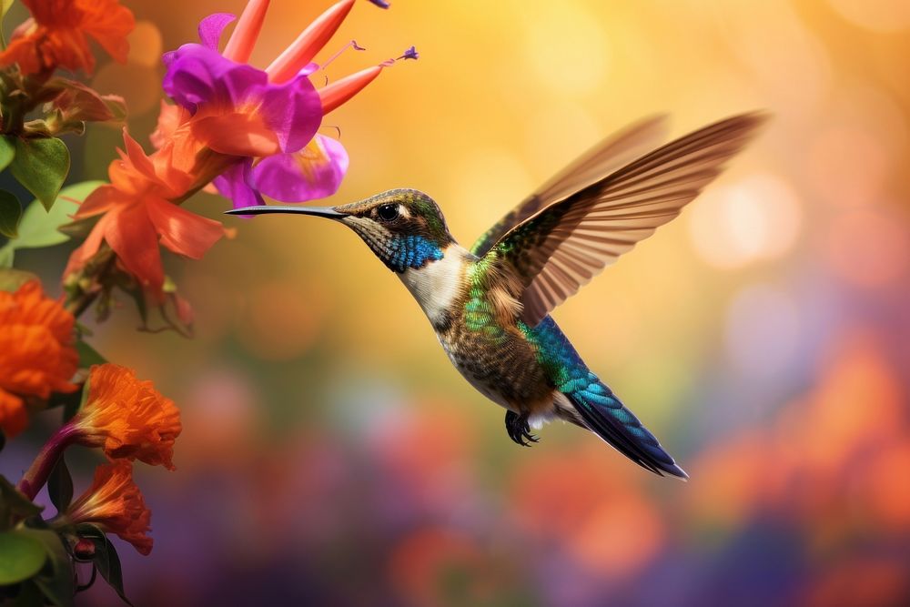 Hummingbird flying with colorful flower animal plant petal. AI generated Image by rawpixel.