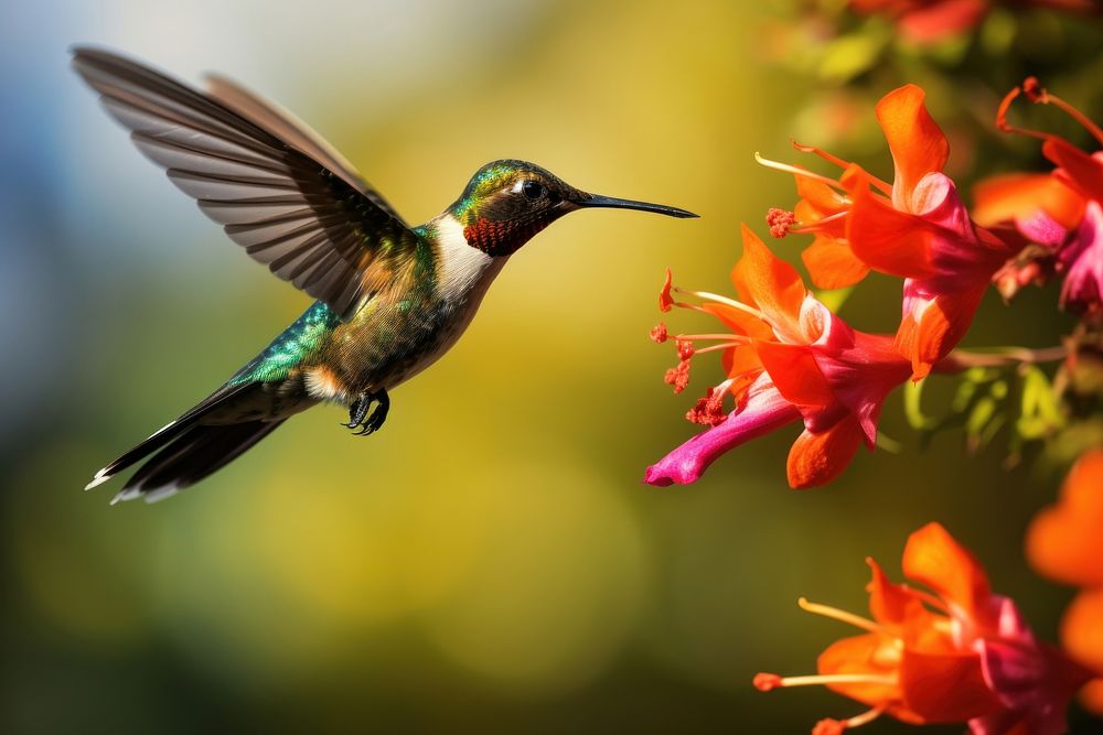Hummingbird flying with colorful flower animal plant beak. AI generated Image by rawpixel.