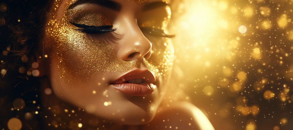 Women face with gold dust cosmetics lipstick portrait. AI generated Image by rawpixel.