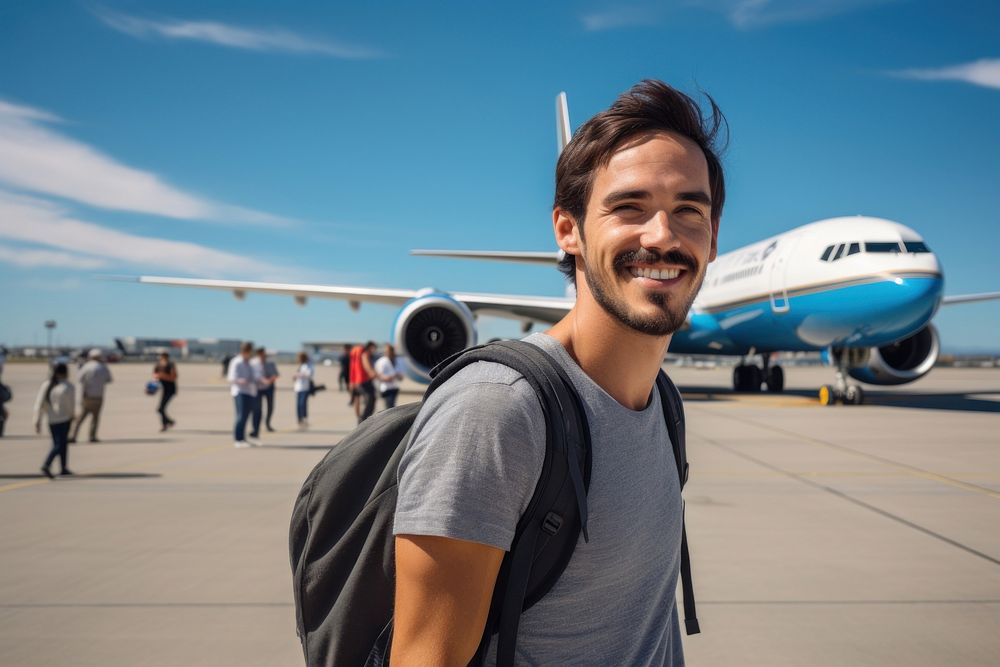 Mexican man backpacker airport photography airliner. AI generated Image by rawpixel.