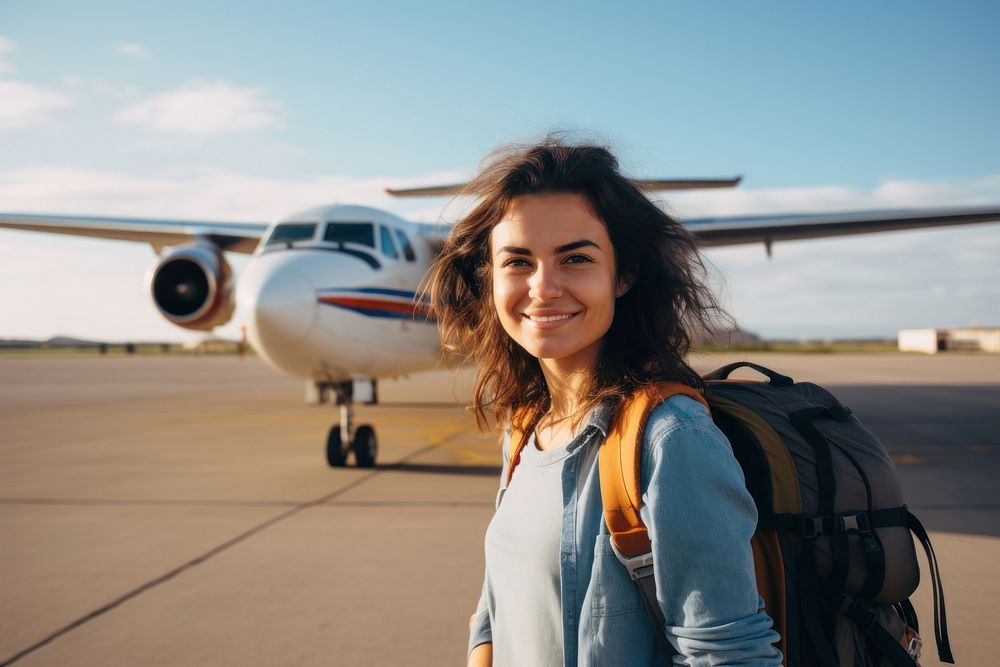 Mexican women backpacker airport airplane aircraft. AI generated Image by rawpixel.