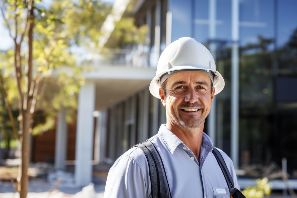 Architect wearing hard hat standing sunlight hardhat. AI generated Image by rawpixel.