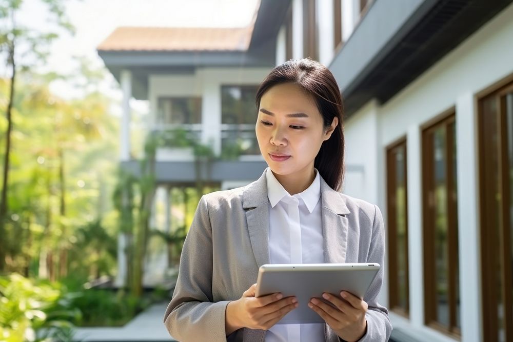 Asian Female architect wearing hard hat computer female house. 