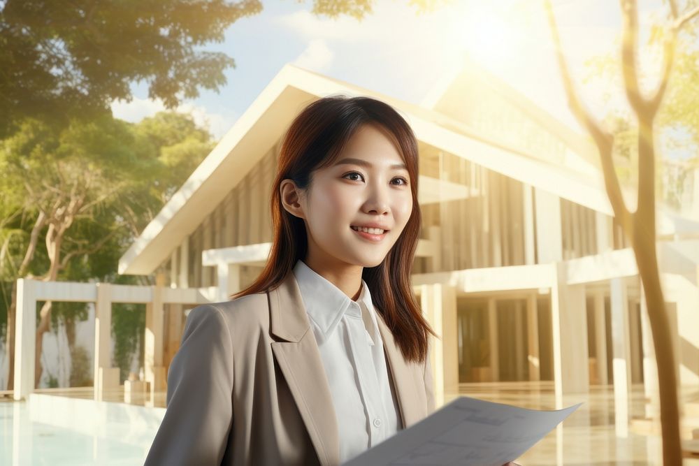 Asian Female architect wearing hard hat standing sunlight female. AI generated Image by rawpixel.
