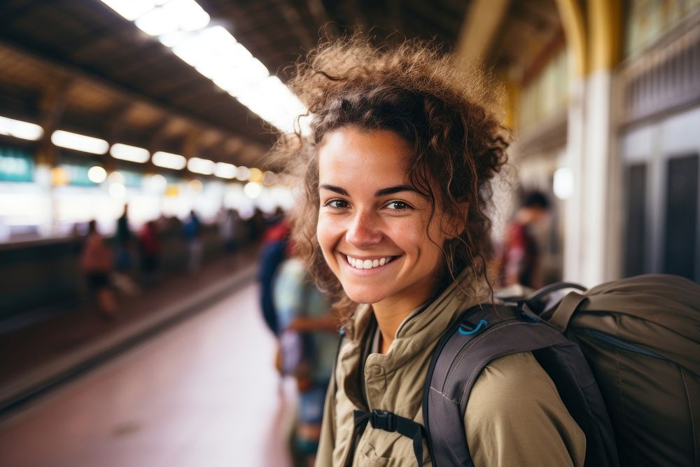 Brazilian women backpacker photography smiling station. AI generated Image by rawpixel.