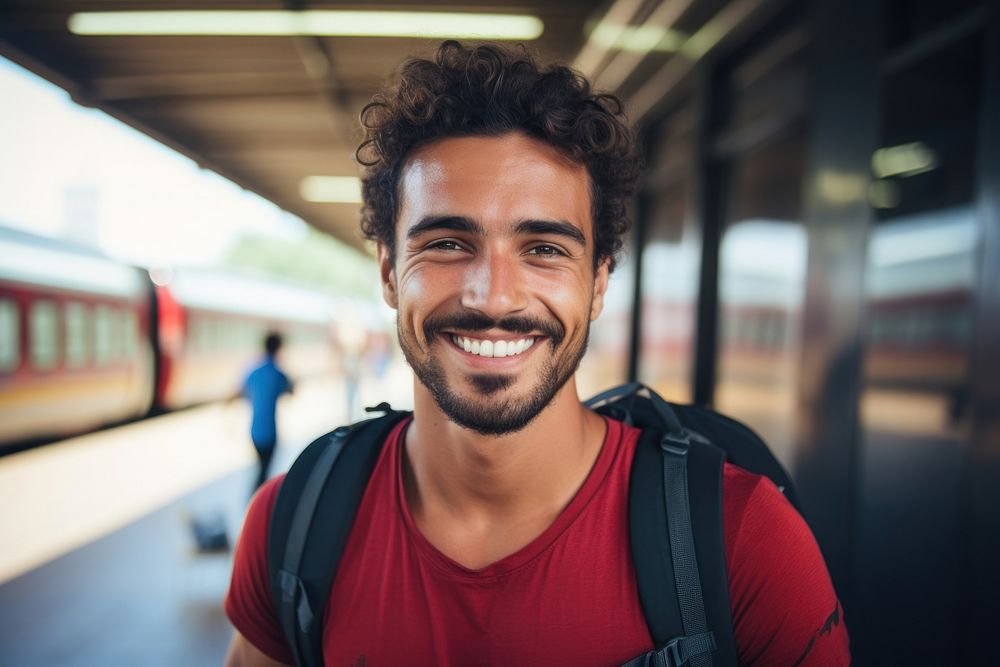 Brazilian man backpacker train smiling station. AI generated Image by rawpixel.