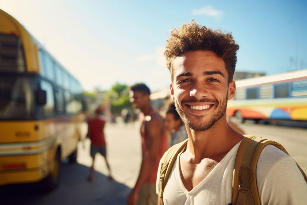 Brazilian man backpacker bus photography portrait. AI generated Image by rawpixel.