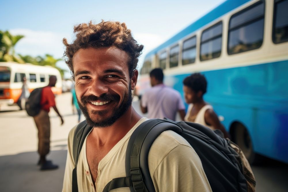 Cuban man backpacker bus standing vehicle. AI generated Image by rawpixel.