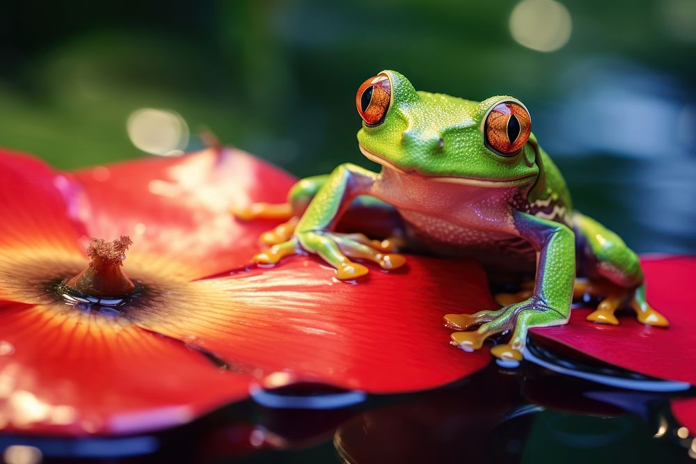 Frog with a leaf on the head amphibian wildlife animal. AI generated Image by rawpixel.