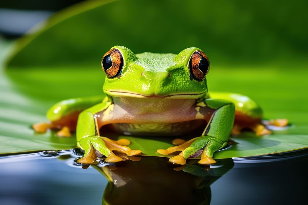 Frog with a leaf on the head amphibian wildlife reptile. AI generated Image by rawpixel.