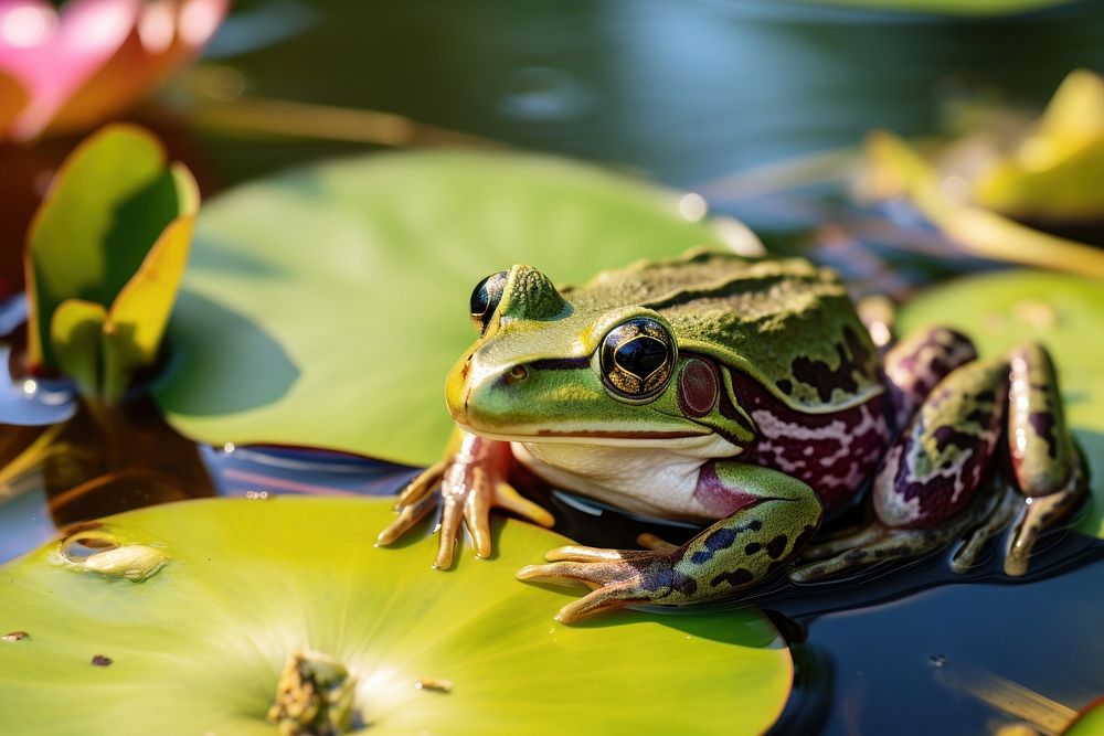 Frog with lotus leaf on the head amphibian wildlife reptile. AI generated Image by rawpixel.