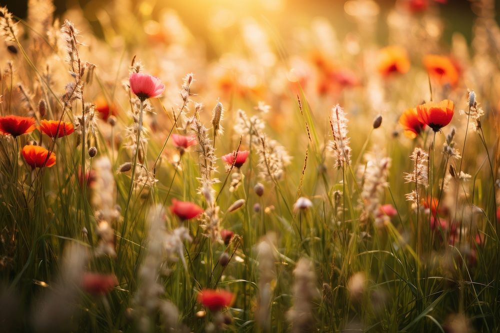 Grass field with colorful flowers landscape grassland outdoors. AI generated Image by rawpixel.
