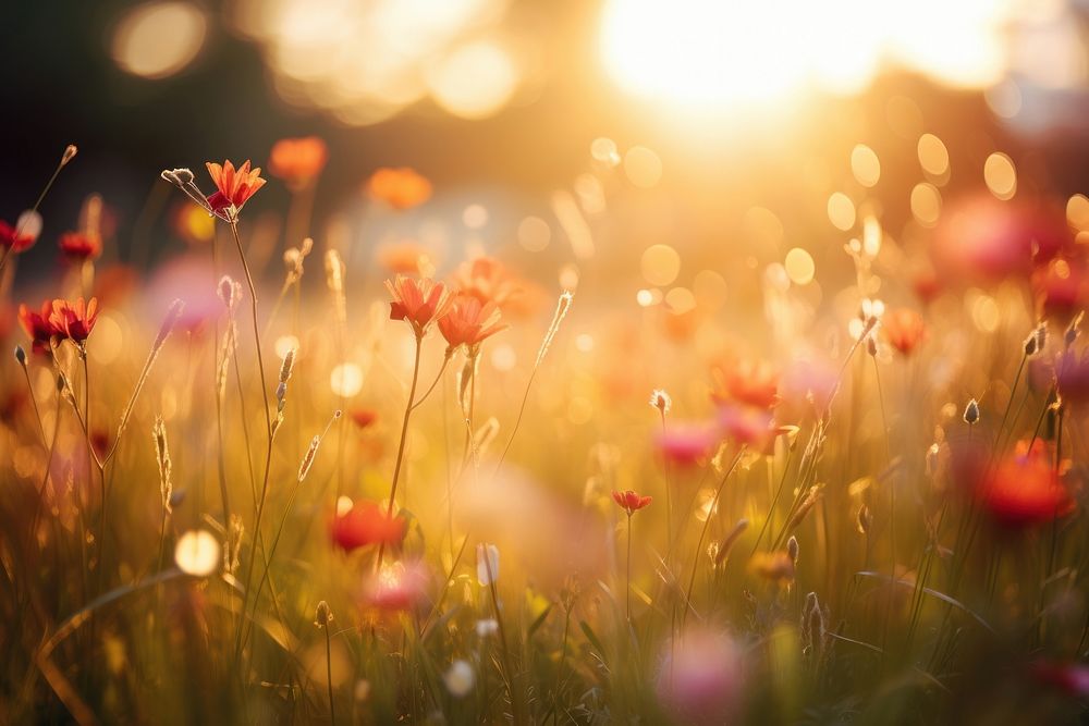 Grass field with colorful flowers grassland sunlight outdoors. AI generated Image by rawpixel.