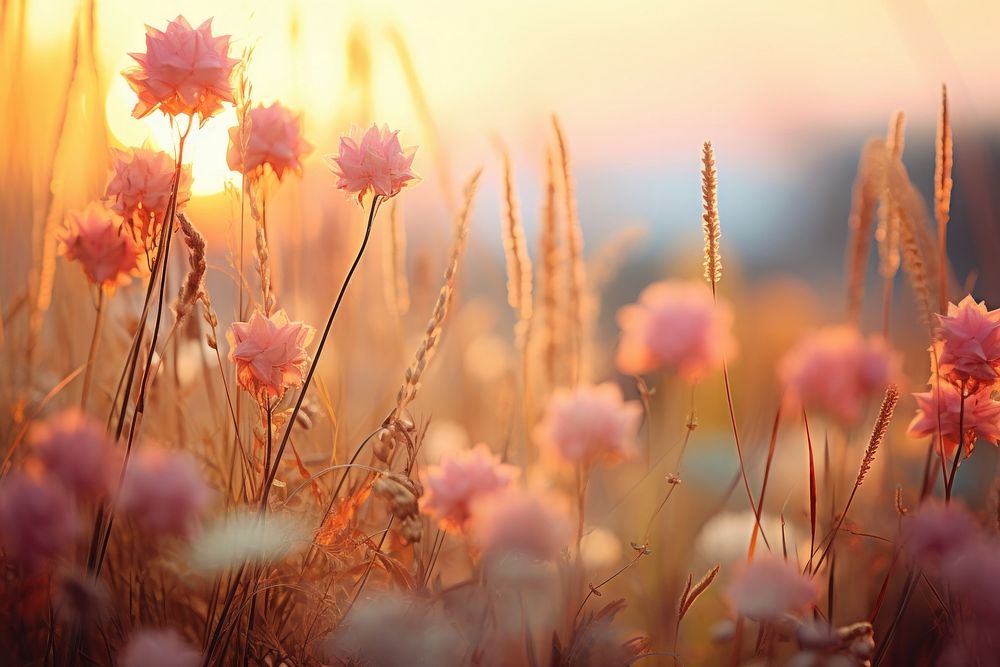 Grass field with colorful flowers landscape sunlight outdoors. AI generated Image by rawpixel.