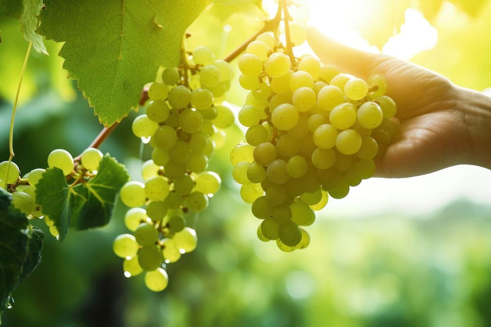 Hand touching wet green grapes on the trees outdoors nature plant. 