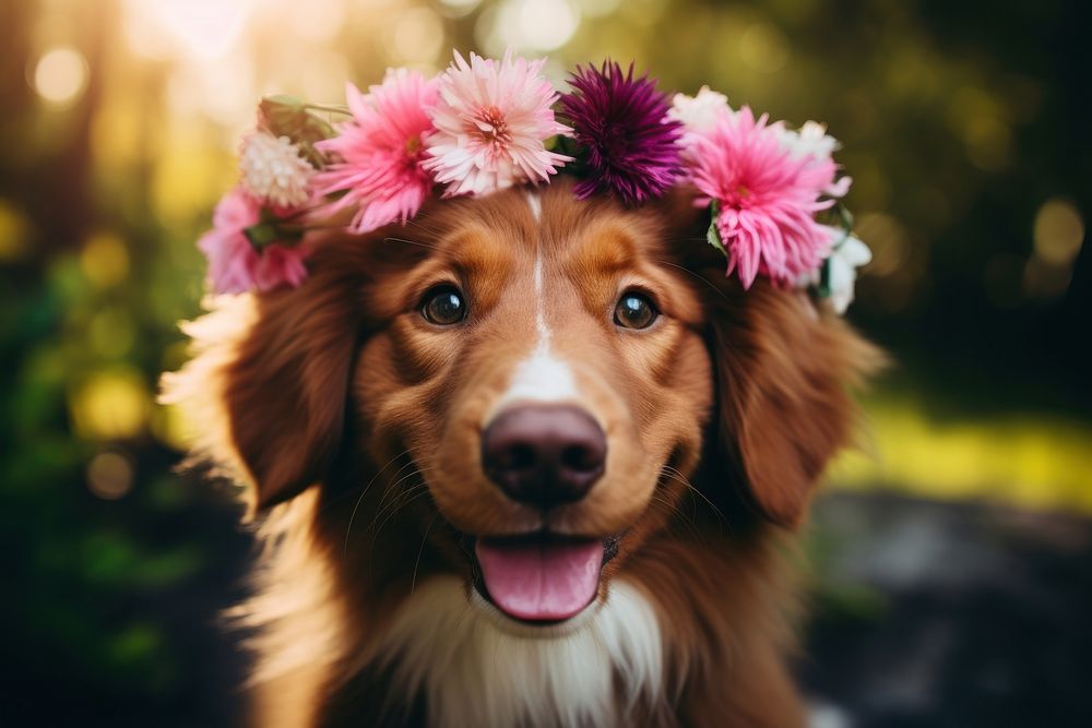 Happy smiling cute dog wearing a flower crown portrait outdoors mammal. AI generated Image by rawpixel.