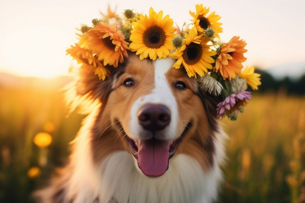 Happy smiling cute dog wearing a flower crown sunflower portrait outdoors. 