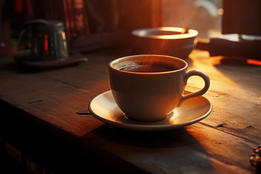Hot cup of coffee on the table saucer drink light. AI generated Image by rawpixel.