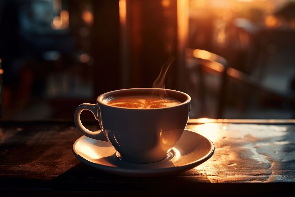Hot cup of coffee on the table morning saucer drink. AI generated Image by rawpixel.