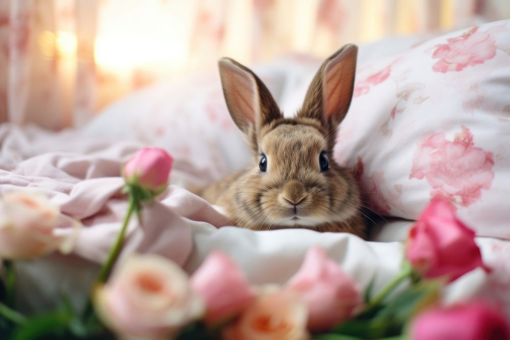 Rabbit sitting in a bed animal mammal rodent. AI generated Image by rawpixel.