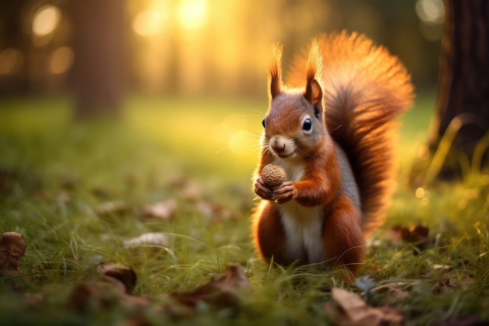Squirrel holding nut standing animal mammal rodent. AI generated Image by rawpixel.