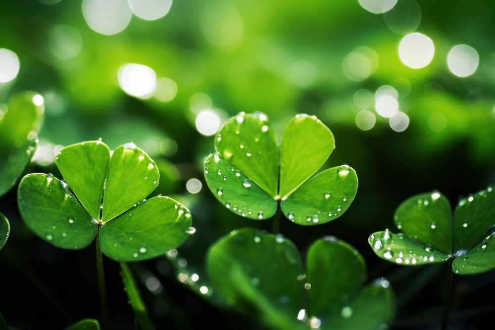 Water drops on the clover leaves nature outdoors plant. AI generated Image by rawpixel.