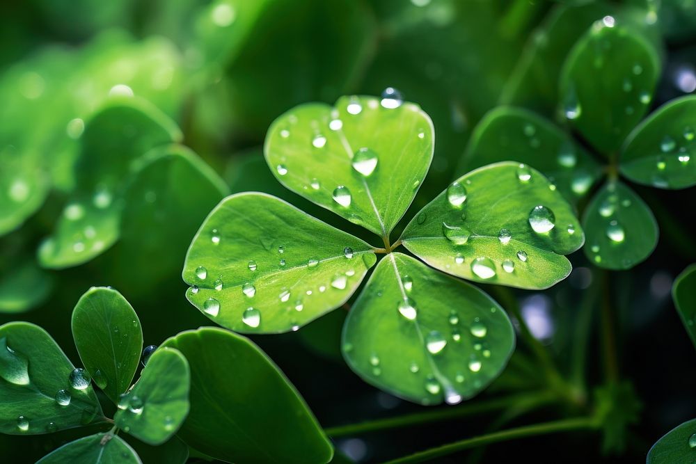 Water drops on the clover leaves nature outdoors plant. AI generated Image by rawpixel.