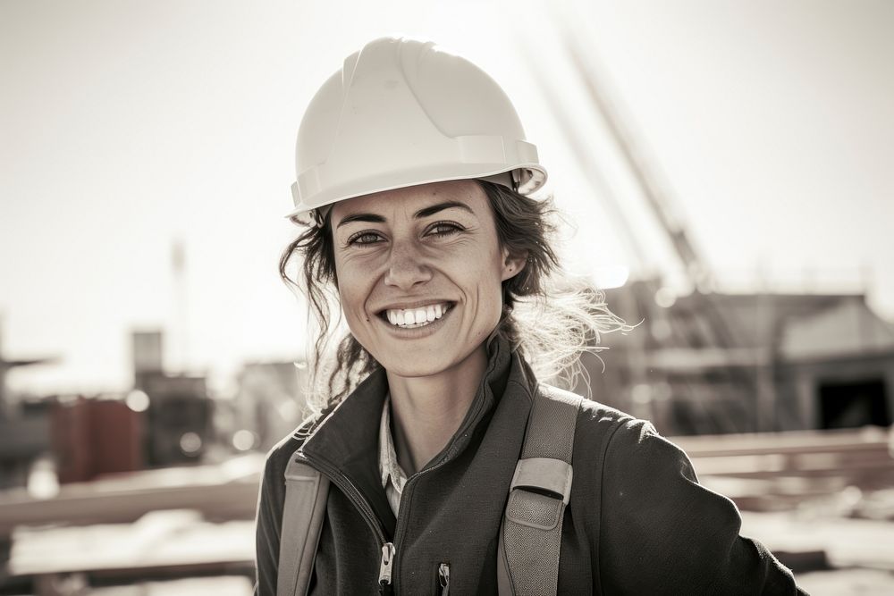 Women Architect wearing hard hat photography portrait smiling. AI generated Image by rawpixel.