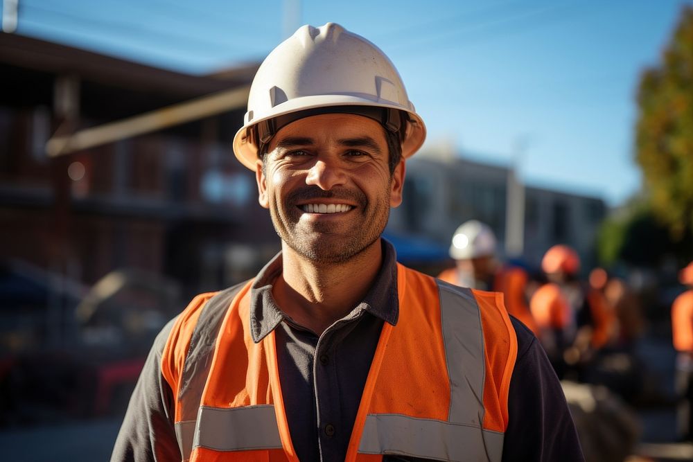 Architect wearing hard hat smiling hardhat helmet. AI generated Image by rawpixel.