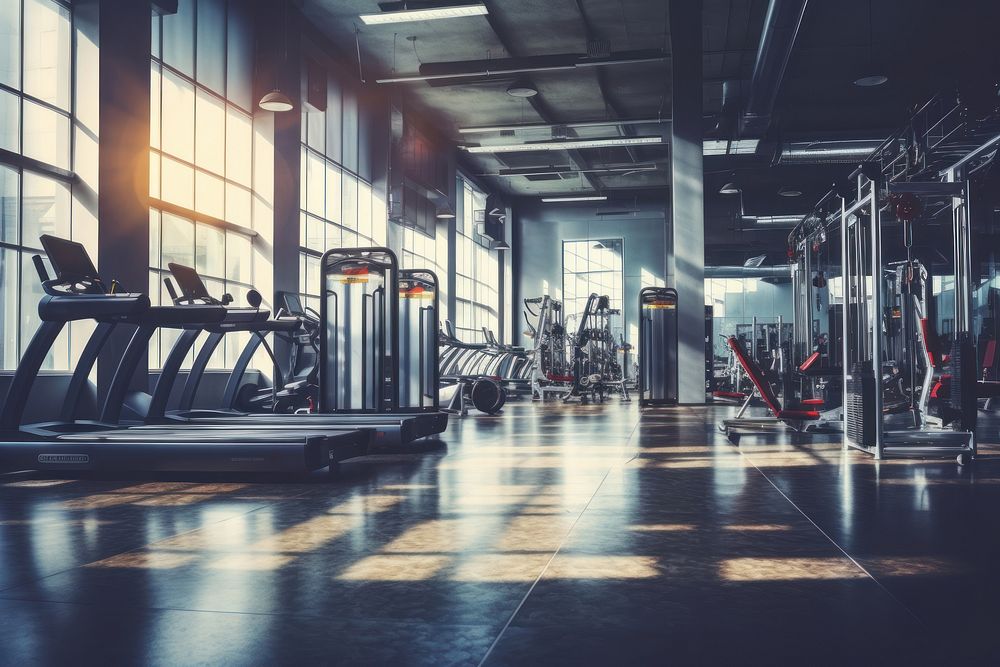 Machines At The Empty Modern Gym Room gym equipment treadmill. AI generated Image by rawpixel.