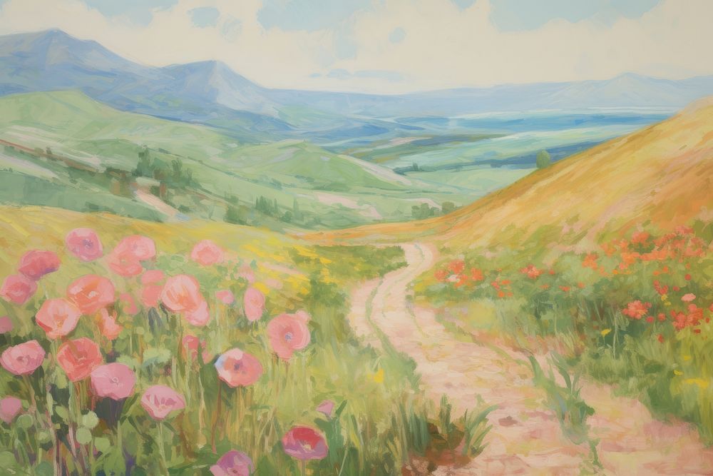 Flower fields on a hills painting landscape grassland. AI generated Image by rawpixel.