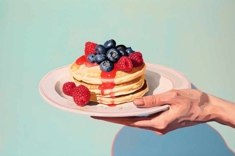 Hand holding a plate of pancakes berry fruit plant. AI generated Image by rawpixel.