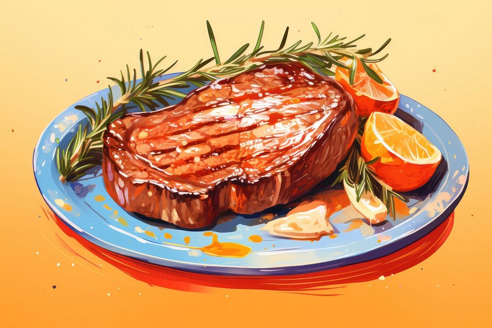 Plate of juicy hot grilled steak painting food meat. AI generated Image by rawpixel.