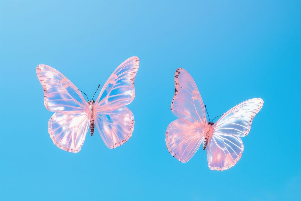 Holographic butterflies with blue sky background butterfly outdoors animal. AI generated Image by rawpixel.