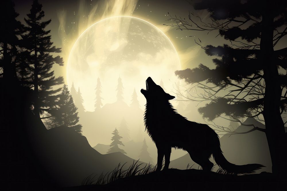 Wolf silhouette moon darkness. AI generated Image by rawpixel.