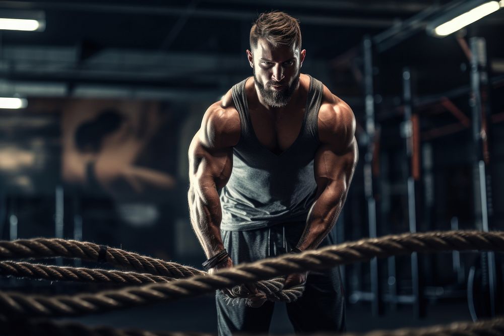 Men with battle rope sports gym exercise. AI generated Image by rawpixel.