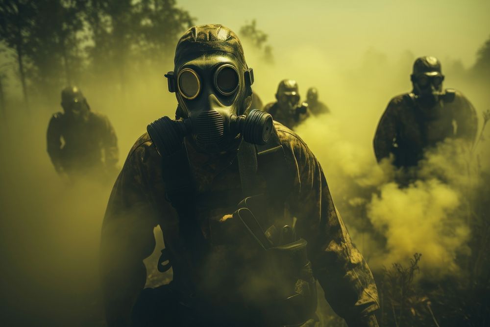 Soldiers wearing gas mask training in the base field adult firefighter protection. AI generated Image by rawpixel.
