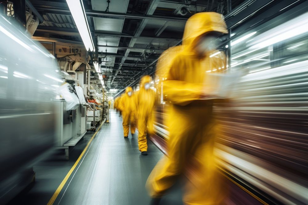 Workers wearing HAZMAT suit factory manufacturing architecture. AI generated Image by rawpixel.