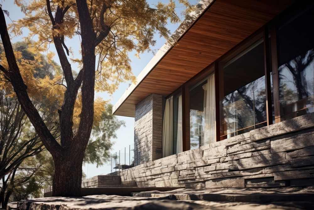 Modern stone house tree architecture sunlight. 