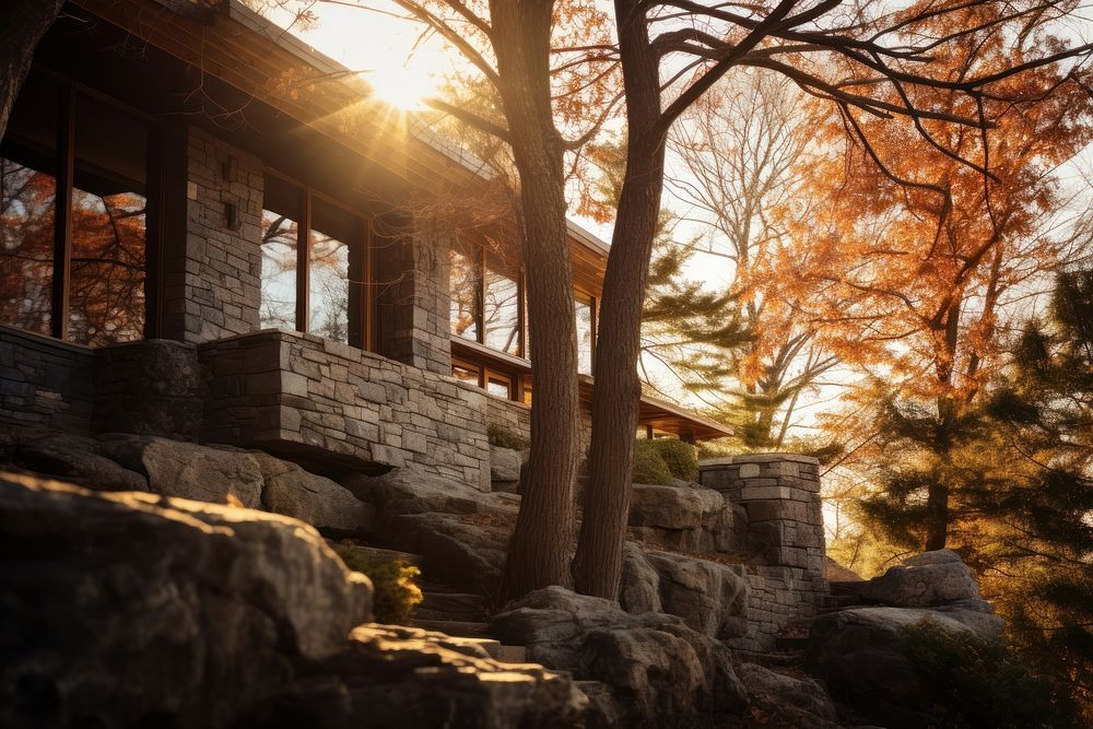 Modern stone house tree architecture sunlight. AI generated Image by rawpixel.