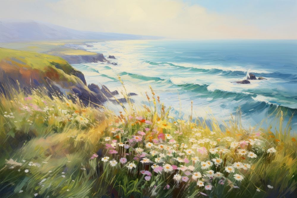 Coastal white cliff painting flower grass. AI generated Image by rawpixel.