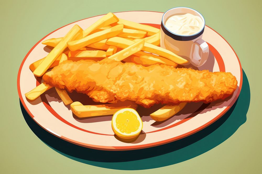 Plate of fish and chips with lemon food meal condiment. AI generated Image by rawpixel.