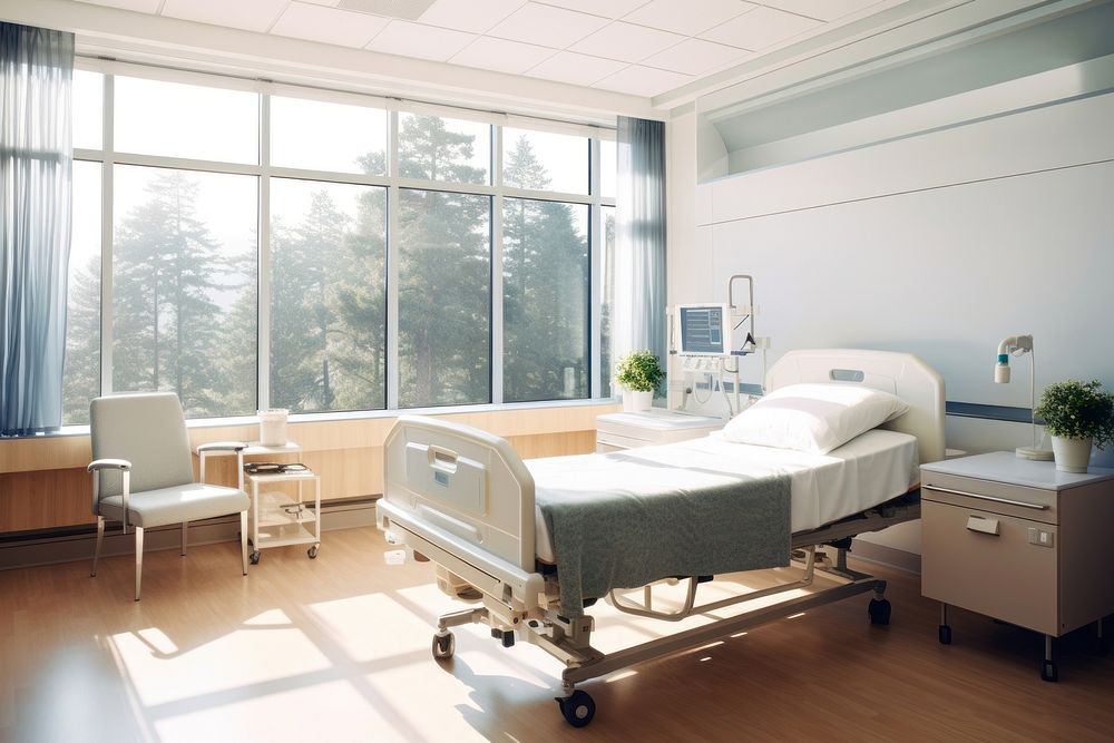 A hospital room with a bed architecture furniture building. AI generated Image by rawpixel.