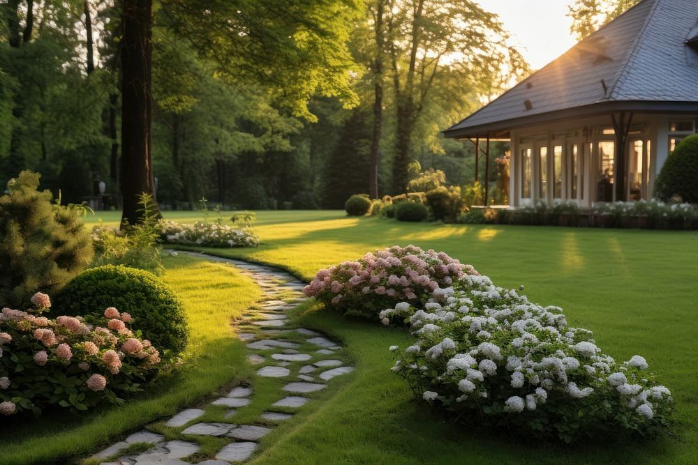 Beautiful manicured lawn with path house architecture flowerbed. AI generated Image by rawpixel.