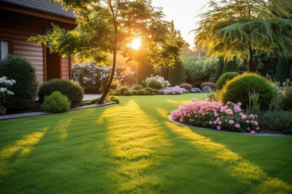 Beautiful manicured lawn flowerbed landscape outdoors. AI generated Image by rawpixel.