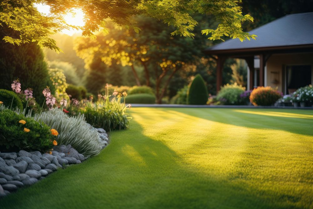 Beautiful manicured lawn flowerbed landscape outdoors. AI generated Image by rawpixel.